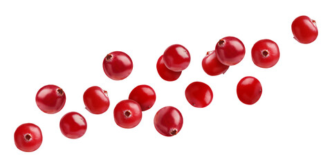 Fresh red cranberries flying on white background