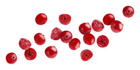 Fresh red cranberries flying on white background