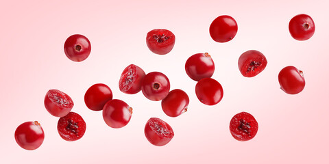 Fototapeta premium Fresh red cranberries flying on pink background