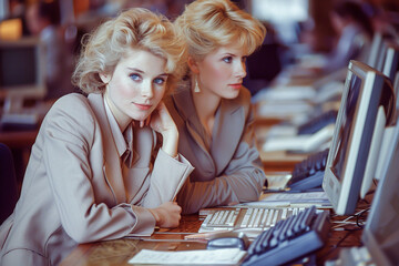 Two 90s women working on computers in an office environment. - obrazy, fototapety, plakaty
