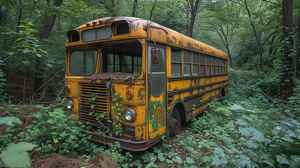 Abandoned yellow school bus with rust and graffiti overgrown by forest foliage. - 765034570