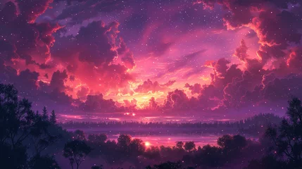 Foto op Canvas stunning vector art landscape, night time, minimalism, purple and black. AI generative © SANGHYUN
