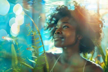 Reflective young woman basks in the glow of her smart aquarium, a confluence of technology and natural beauty in an urban living space