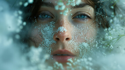 Close-up of a woman's face behind a frosty window, with a thoughtful expression and eyes in sharp focus.