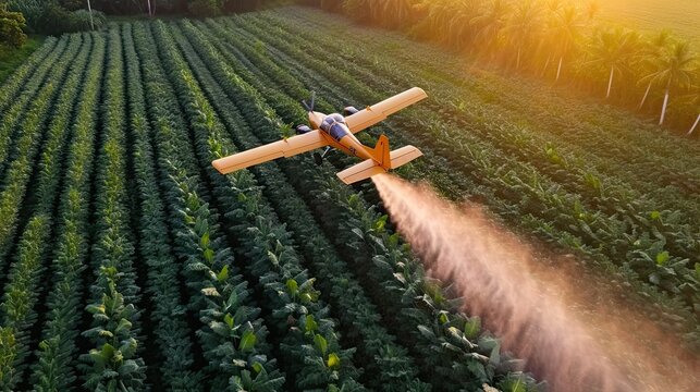 Aerial crop spraying in action, as a plane disperses treatment over a vast field
