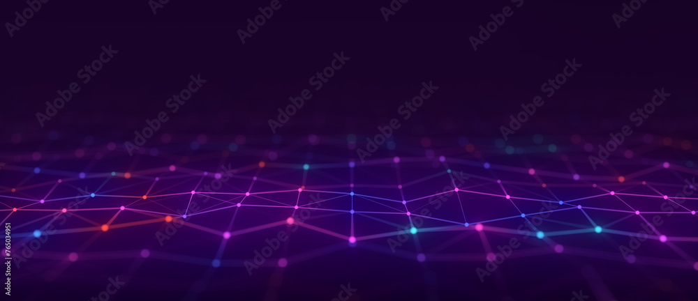 Poster abstract perspective blue grid. wireframe landscape with dots and lines. 3d rendering.