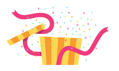 Opened present box with ribbon and colorful confetti. Concept or special promotion, big sale, announcement, advertisement, advertising, surprising, party, editable gift box. Flat vector illustration.