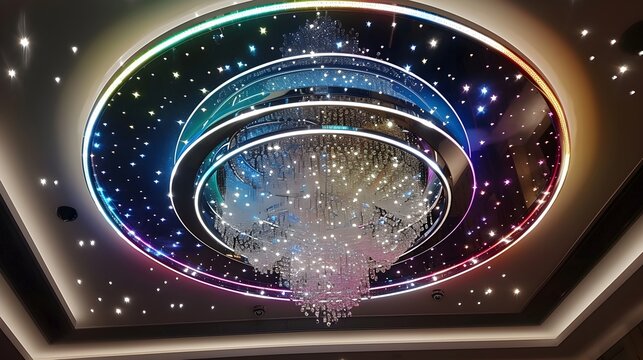 A large circular chandelier with LED lights in the center, the light has multicolored LED lights around its edge