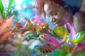 A Black woman enjoys a close bond with her turtle in a terrarium filled with an array of plants, creating a dynamic and abstract natural scene