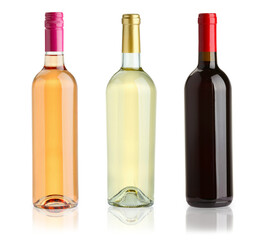 Bottles of white, rose and red wines isolated on white, set