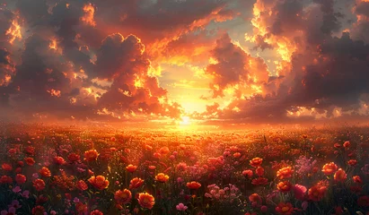 Schilderijen op glas sunset flower field, dusky colors, shafts of sunlight. AI generative © SANGHYUN