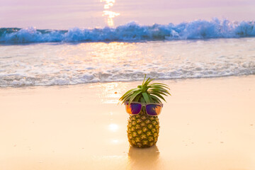 Pineapple in sunglasses with sea ,summer lifestyle.