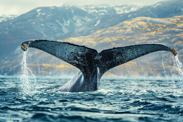 Fototapeta premium A whale is swimming in the ocean with its tail flapping