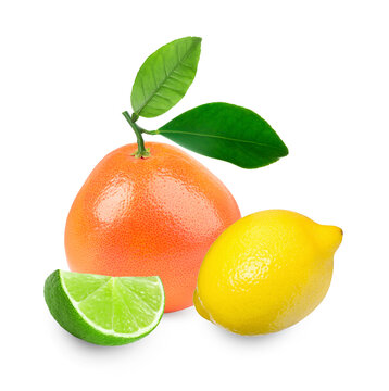 Citrus Fruits. Fresh Grapefruit, Lemon And Lime On White Background