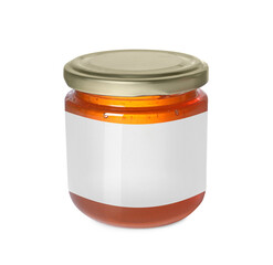 Jar of honey with blank label on white background. Mockup for design