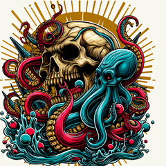 skull head with octopus tentacles kraken artwork hand drawn