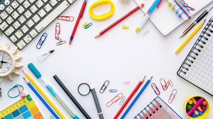 Colorful school supplies double side border isolated on white background with copy space - back to school concept, education supplies for students and teachers, top view composition