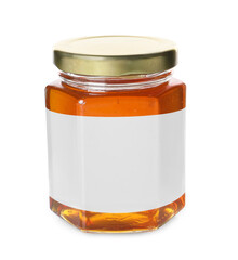 Jar of honey with blank label on white background. Mockup for design