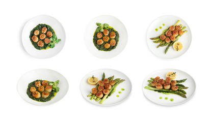 Set of different dishes with scallops isolated on white, top and side views