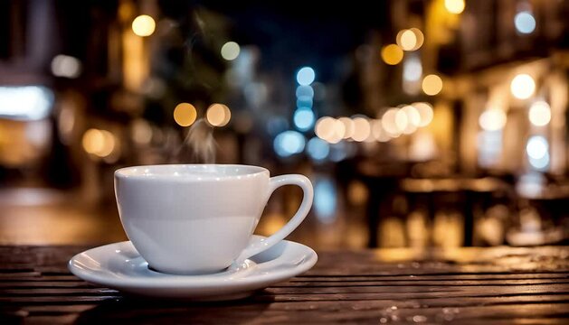Cozy Moments Animated Scenes of Hot Coffee or Tea Cup at Night. Steaming coffee cup on blurred background.