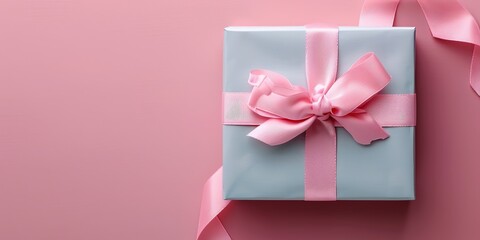 A soft pastel gift with a pink ribbon on a pink background.