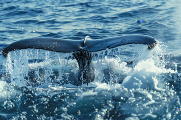 A whale tail is seen in the water
