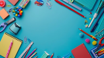 Colorful Back-to-School Essentials Arranged on Vibrant Blue Background, Top View with Copy Space - Education and Stationery Concept