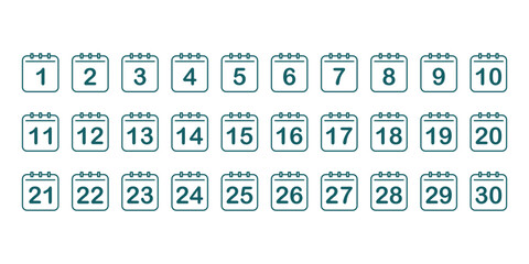 Calendar flat Icon Set and Collection of Calendar Icons with dates 1 through 30