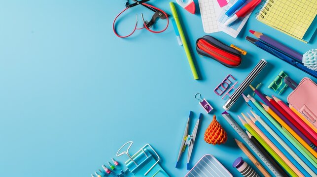 Colorful Back-to-School Essentials Arranged on Vibrant Blue Background, Top View with Copy Space - Education and Stationery Concept