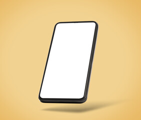 Smartphone with empty screen in air on golden background. Mockup for design