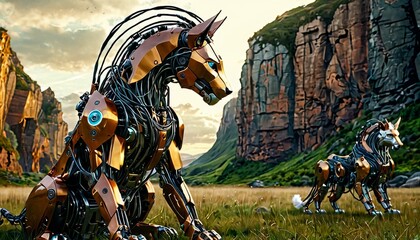 Digital artwork of robotic dogs in a meadow, merging concepts of futuristic technology with the untamed beauty of a natural landscape.