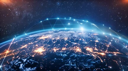 Glistening Earth with curving network lines. Depicting a digital web of global connectivity