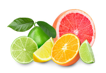 Citrus fruits. Fresh grapefruit, orange, limes and lemon on white background