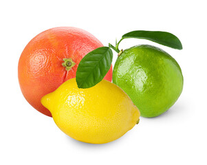 Citrus fruits. Fresh grapefruit, lemon and lime on white background