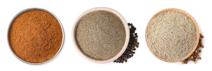 Aromatic spices. Different types of ground pepper in bowls and peppercorns on white background, set