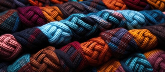 A chaotic heap of various colorful yarn threads, creating a tangled bundle with different textures and hues - obrazy, fototapety, plakaty