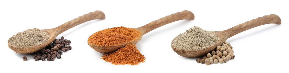 Aromatic spices. Different types of ground pepper in spoons and peppercorns on white background, set - 765037109