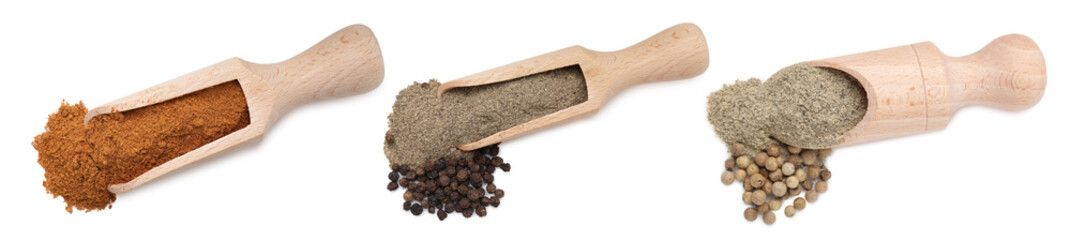 Aromatic spices. Different types of ground pepper in scoops and peppercorns on white background,...