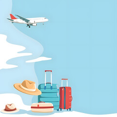 Summer holiday background with hat, plane, suitcase and copy space.