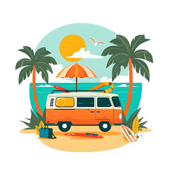 summer beach with van, illustrator cartoon