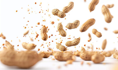 peanuts floating in the air on the white background. - obrazy, fototapety, plakaty