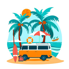 summer beach with van, illustrator cartoon