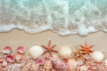 Fototapeta na wymiar Tropical beach scene with seashells and starfish scattered on sandy shoreline against ocean backdrop