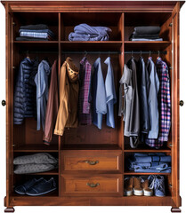 Organized men's wardrobe with various clothing, cut out transparent