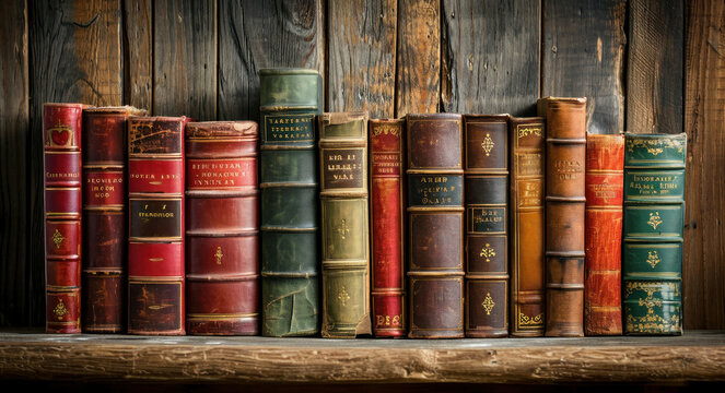Old books collection on wooden shelf in vintage library interior, nostalgia concept for education and knowledge seekers