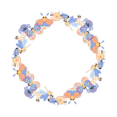 cute frame, with insects, spider, butterfly, moth, dragonfly, summer spring for congratulations, announcements. on a white background