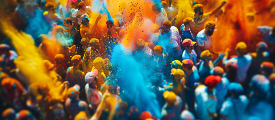 crowded blurred people with colorful holi powder - obrazy, fototapety, plakaty