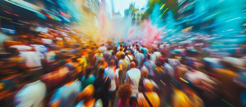 crowded blurred people with colorful holi powder