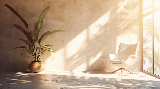 Modern Chair and Plant by Sunlit Window
