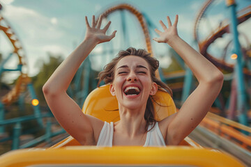 Joyful woman enjoying a roller coaster ride